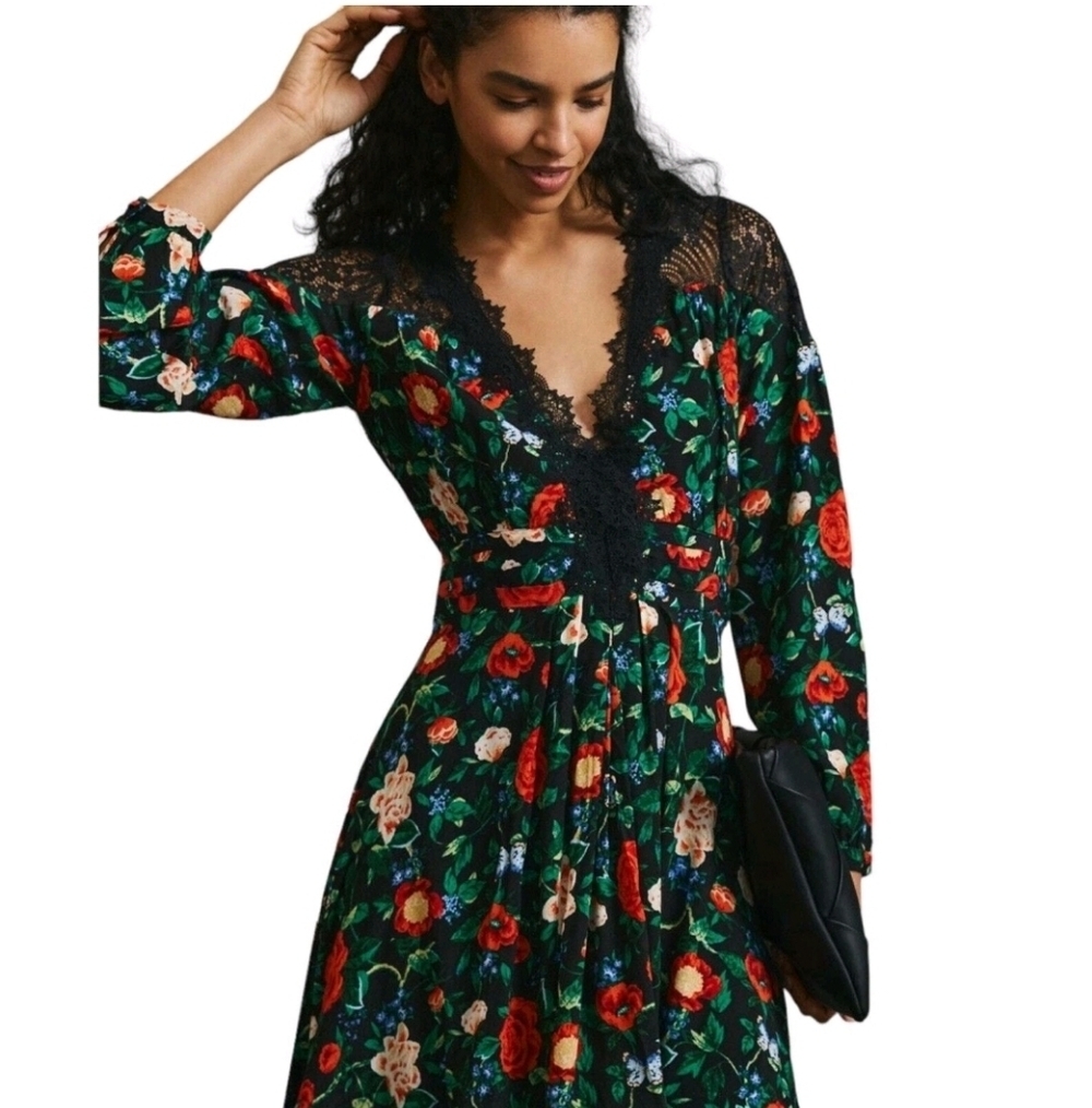 Anthropologie Womens S Lacy V Neck Mini Dress Long Sleeve Floral Lace Black Boho
